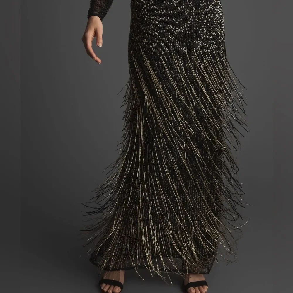 MAC DUGGAL Black Gold Size 4 Long Sleeve Beaded Fringe Evening Gown Maxi Dress - Picture 3 of 14
